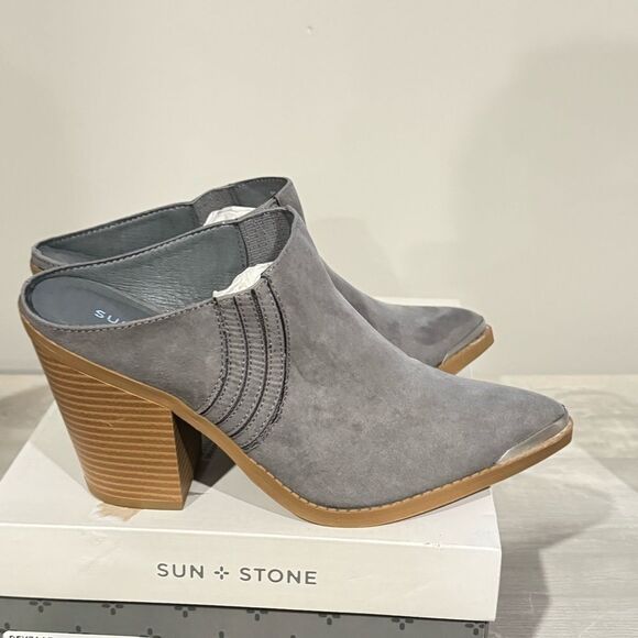 Sun+Stone Womens Deyzaa grey Metallic Pointed Toe Slip-On heels Mules Shoes 8.5 - Picture 5 of 8